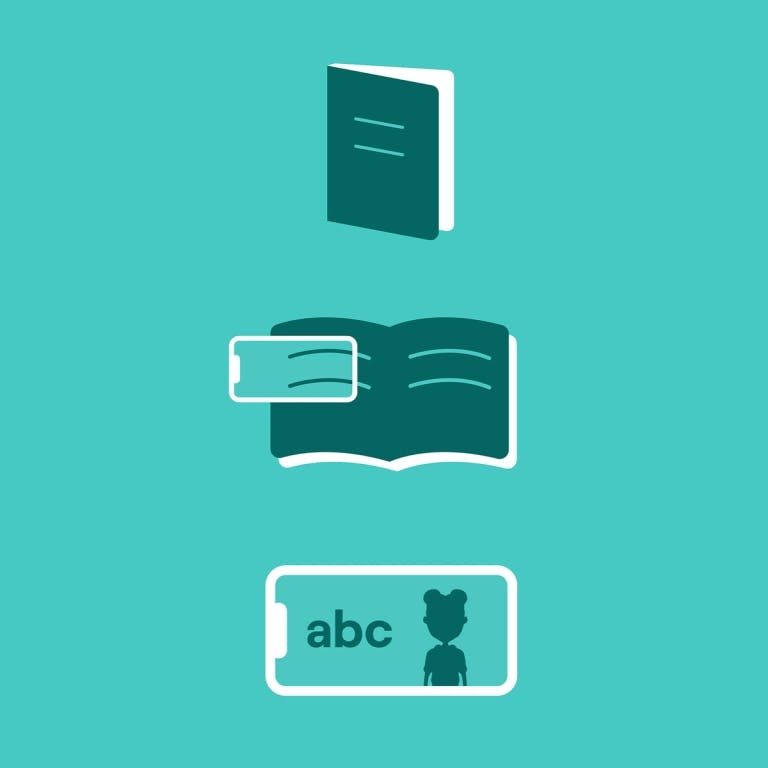 Graphic icons depicting a closed book, an open book with a phone scanning the text, and a phone with alphabets and a silhouette of a person.