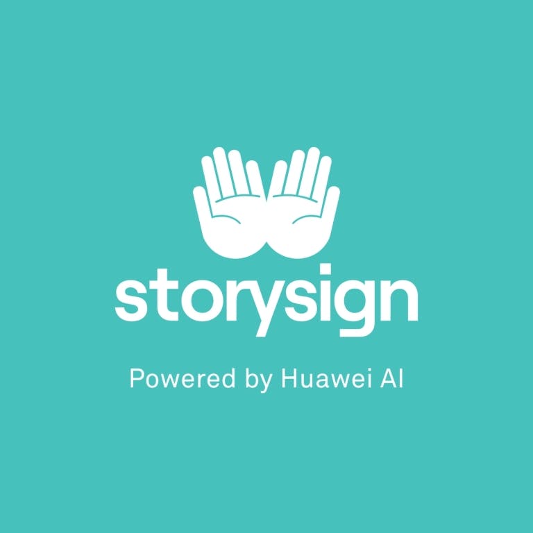 Logo of StorySign app powered by Huawei AI featuring two open hands.