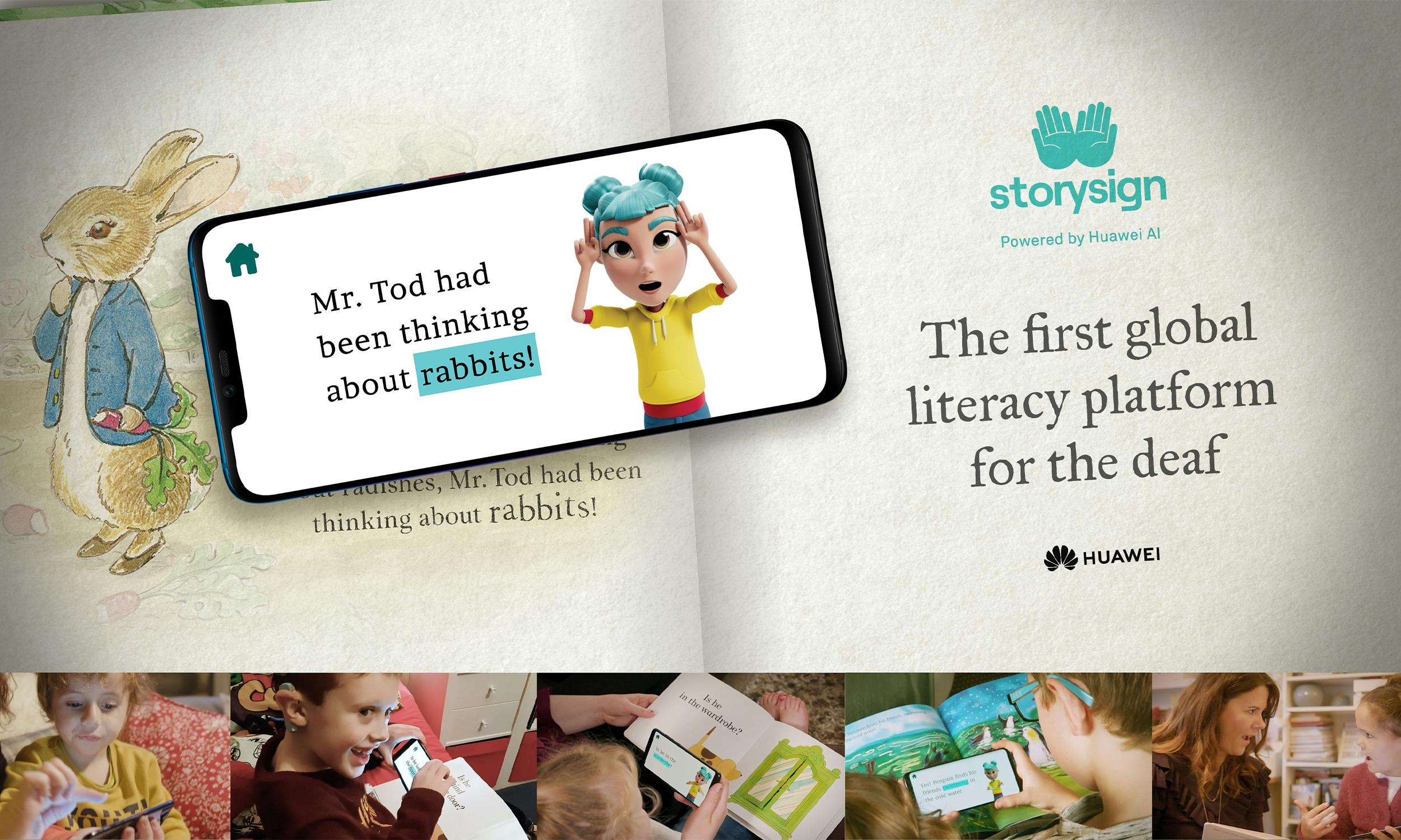 An moodboard for StorySign, a global literacy platform for the deaf, featuring the smartphone app and images of children engaging with books.